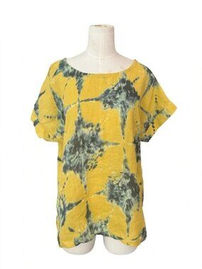BELLAMBIA - 100% Linen Yellow Abstract Floral Short Sleeve Top Size S